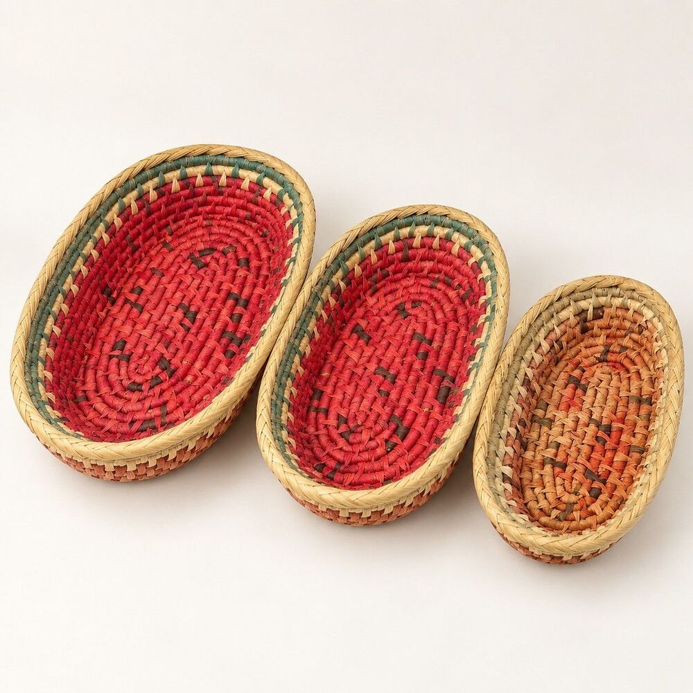 Watermelon Nesting Baskets Set of 3 Woven Oval Red & Green Kitchen Storage Decor